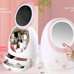 Cosmetic Storage Box With Attached Mirror And Adjustable LED Lights