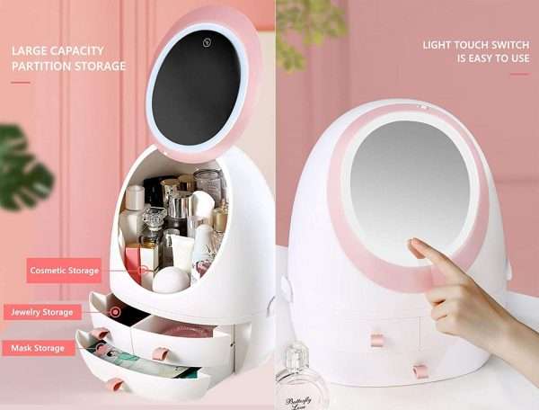 Cosmetic Storage Box With Attached Mirror And Adjustable LED Lights