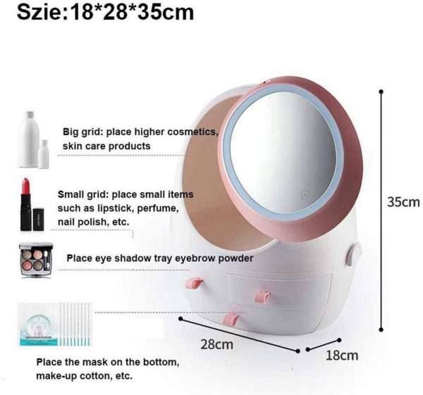 Cosmetic Storage Box With Attached Mirror And Adjustable LED Lights