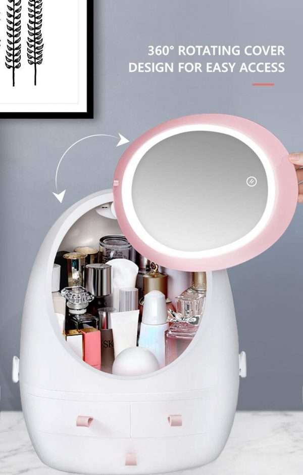 Cosmetic Storage Box With Attached Mirror And Adjustable LED Lights