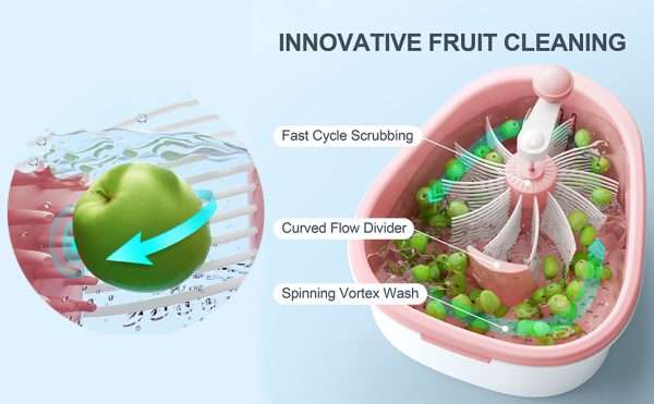 Fruit Cleaner Spinner Device With Full Sided Spin Scrubber Brush